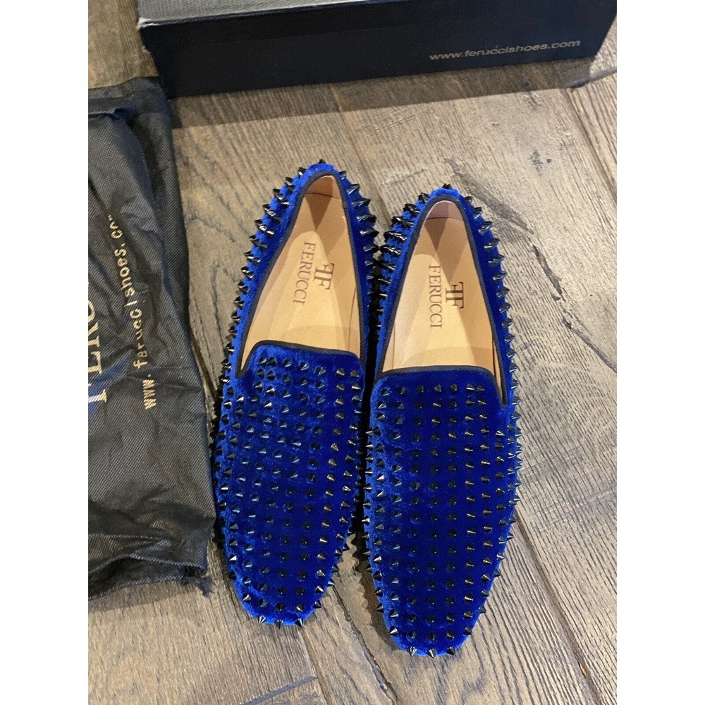 Men FERUCCI Blue Velvet Slippers Loafers Flat with Black Spikes size US 10 - Picture 8 of 11